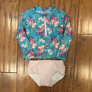 Ruffle Butts Turquoise Floral Rashguard Set with Pink Zipper & Striped Bottoms